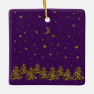 Funkelnd Weihnachtsbaum, Mond, Sterne auf lila Keramikornament