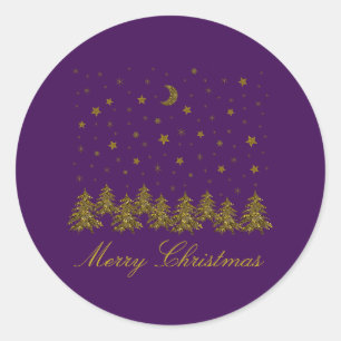 Funkelnd Weihnachtsbaum, Mond, Sterne auf lila Runder Aufkleber
