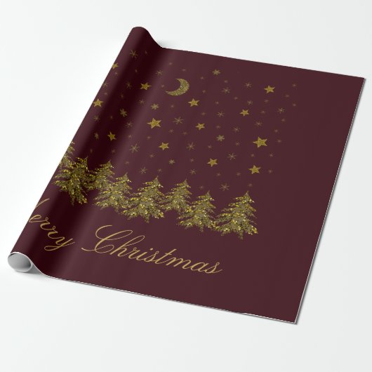 Funkelnd Weihnachtsbaum, Mond, Sterne auf Rot Geschenkpapier (Ungerollt)