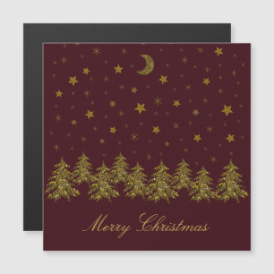Funkelnd Weihnachtsbaum, Mond, Sterne auf Rot Magnetkarte