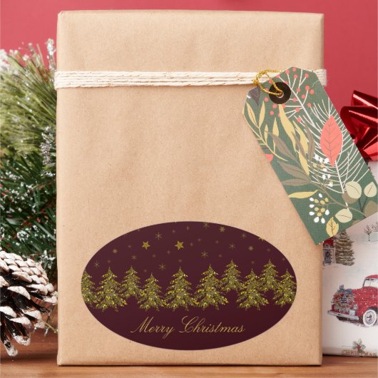 Funkelnd Weihnachtsbaum, Mond, Sterne auf Rot Ovaler Aufkleber (Feiertag)