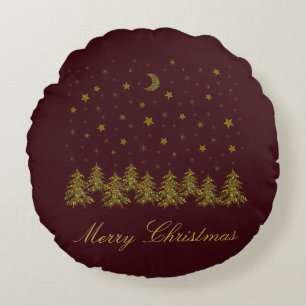 Funkelnd Weihnachtsbaum, Mond, Sterne auf Rot Rundes Kissen