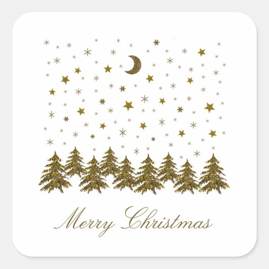 Funkelnd Weihnachtsbaum, Mond, Sterne Quadratischer Aufkleber (Vorderseite)