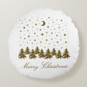 Funkelnd Weihnachtsbaum, Mond, Sterne Weihnachten Rundes Kissen