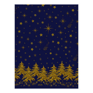 Funkelnd Weihnachtsbaum, Sterne, Schnee auf blau Fotodruck
