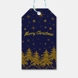 Funkelnd Weihnachtsbaum, Sterne, Schnee auf blau Geschenkanhänger