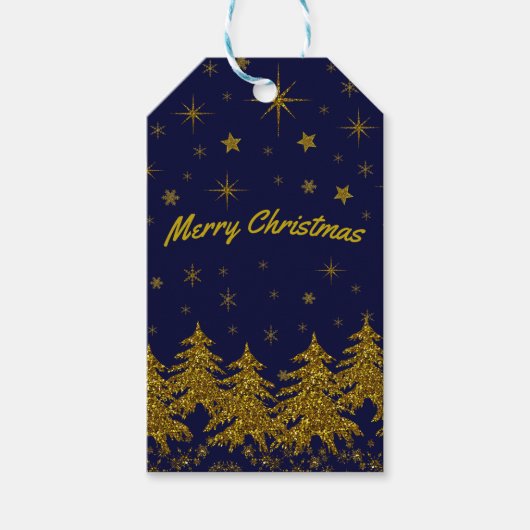 Funkelnd Weihnachtsbaum, Sterne, Schnee auf blau Geschenkanhänger (Vorderseite)