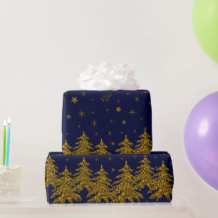 Funkelnd Weihnachtsbaum, Sterne, Schnee auf blau Geschenkpapier