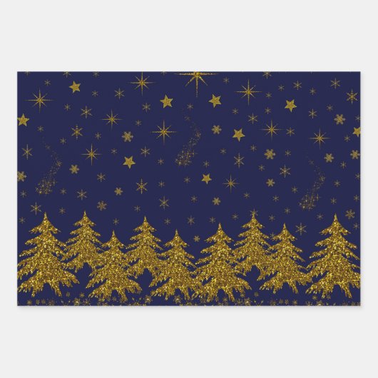 Funkelnd Weihnachtsbaum, Sterne, Schnee auf blau Geschenkpapier Set (Vorderseite)