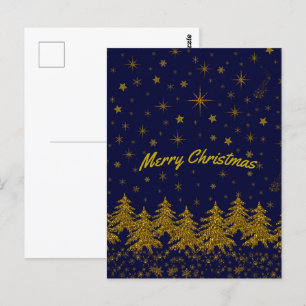 Funkelnd Weihnachtsbaum, Sterne, Schnee auf blau Postkarte