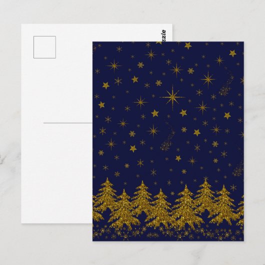 Funkelnd Weihnachtsbaum, Sterne, Schnee auf blau Postkarte (Vorne/Hinten)