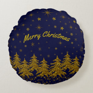 Funkelnd Weihnachtsbaum, Sterne, Schnee auf blau R Rundes Kissen
