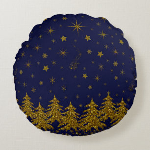 Funkelnd Weihnachtsbaum, Sterne, Schnee auf blau Rundes Kissen