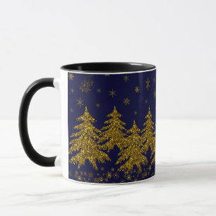 Funkelnd Weihnachtsbaum, Sterne, Schnee auf blau Tasse