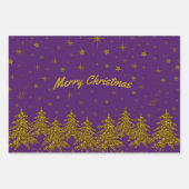 Funkelnd Weihnachtsbaum, Sterne, Schnee auf lila Geschenkpapier Set (Vorderseite 3)