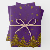 Funkelnd Weihnachtsbaum, Sterne, Schnee auf lila Geschenkpapier Set (Beispiel)