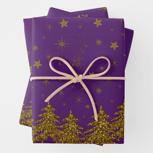 Funkelnd Weihnachtsbaum, Sterne, Schnee auf lila Geschenkpapier Set (Beispiel)
