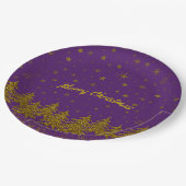 Funkelnd Weihnachtsbaum, Sterne, Schnee auf lila Pappteller (Schrägansicht)