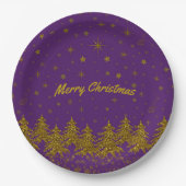 Funkelnd Weihnachtsbaum, Sterne, Schnee auf lila Pappteller (Vorderseite)