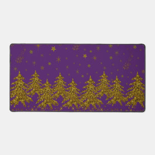 Funkelnd Weihnachtsbaum, Sterne, Schnee auf lila Schreibtischunterlage