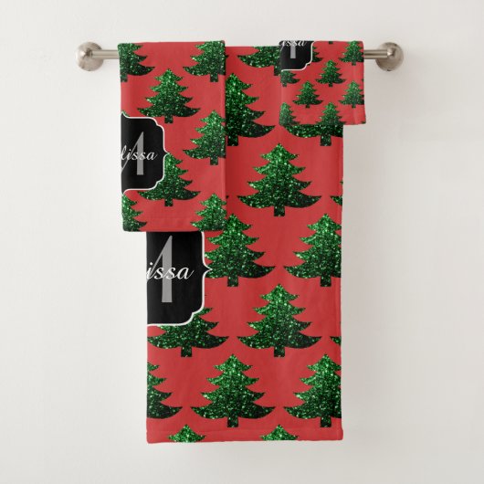 Funkelnd Weihnachtsbaumgrün Glitzern Monogram Badhandtuch Set (Insitu)