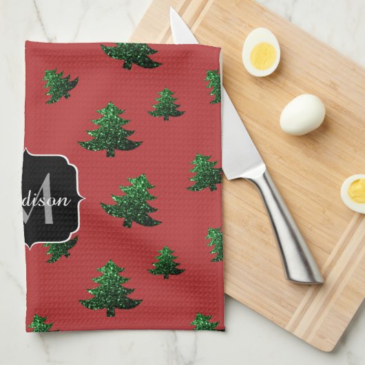 Funkelnd Weihnachtsbaumgrün Glitzern Monogram Geschirrtuch (Viertel Falte)