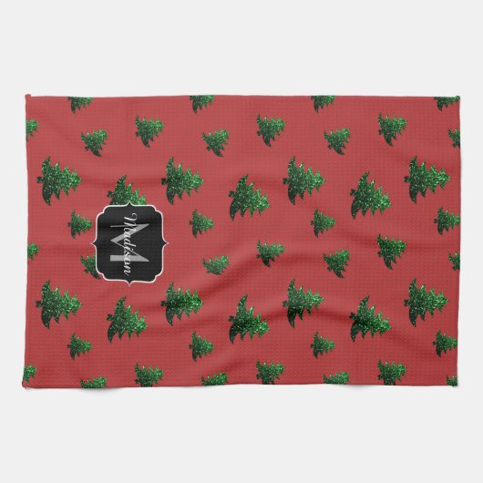 Funkelnd Weihnachtsbaumgrün Glitzern Monogram Geschirrtuch (Horizontal)