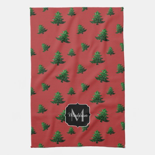 Funkelnd Weihnachtsbaumgrün Glitzern Monogram Geschirrtuch (Vertikal)