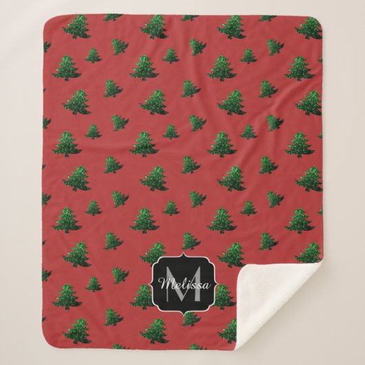 Funkelnd Weihnachtsbaumgrün Glitzern Monogram Sherpadecke (Vorderseite)