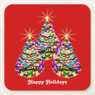 Funkelnde abstrakte Weihnachtsbäume Design auf Rot Rechteckiger Pappuntersetzer