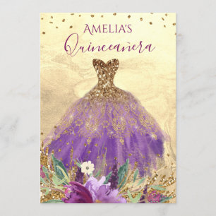 Funkelnde Amethyst-Kleid Gold Quinceanera Einladun Einladung