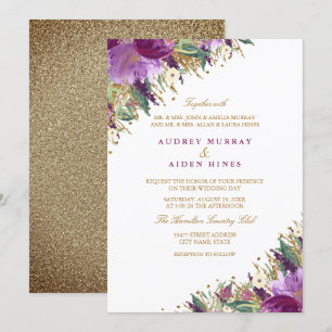 Funkelnde Amethyst Purpur Blumen Hochzeit Einladung