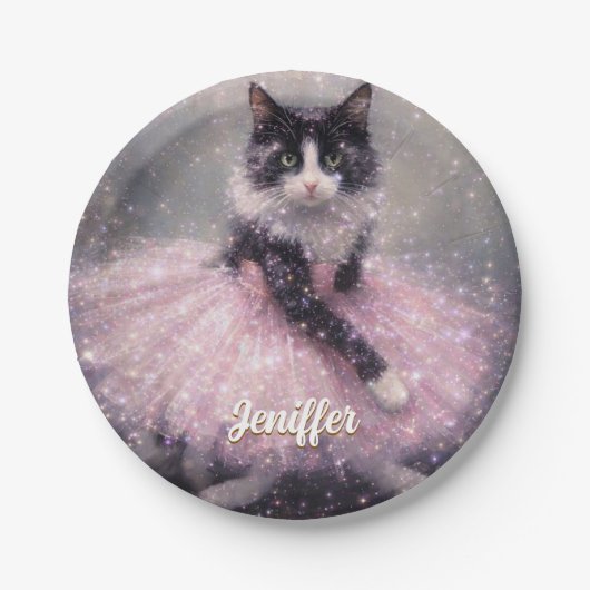 Funkelnde Ballerina-Katze im rosa Tutu Pappteller (Vorderseite)