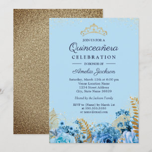 Funkelnde blaue goldene Glitter-Blumen-Quinceanera Einladung