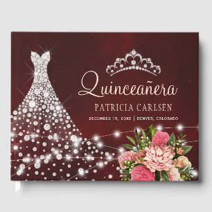 Funkelnde Diamantkleid-Burgunder-Blumen-Quinceaner Gästebuch