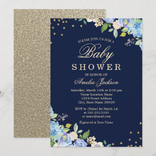 Funkelnde Florale Blau Gold Junge Baby Shower Einladung