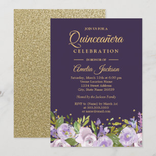 Funkelnde Florale Gold-Purple Quinceanera Einladung