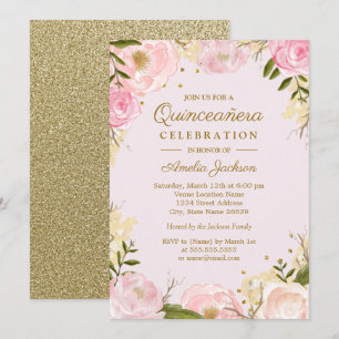 Funkelnde Florale Gold Rosa Quinceanera Einladung