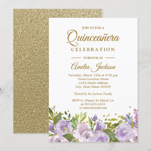 Funkelnde Florale Lila Gold Quinceanera Einladung