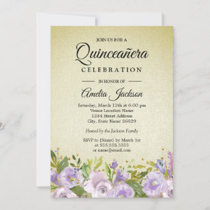 Funkelnde Florale Lila Goldene Quinceanera-Einladu Einladung