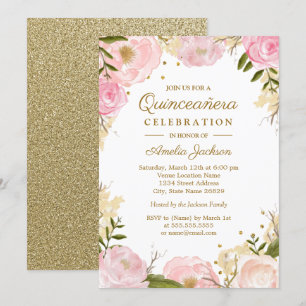 Funkelnde Florale Pink Gold Quinceanera Einladung