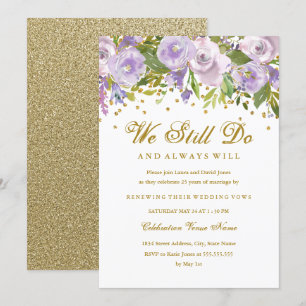 Funkelnde Florale Purpurfarbene Erneuerung des Ehe Einladung