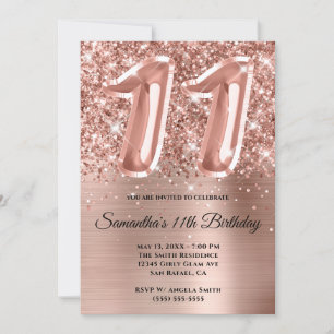 Funkelnde Glitter-Rose-Gold-Glam 11. Geburtstag Einladung