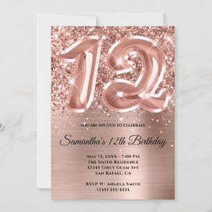 Funkelnde Glitter-Roségold-Glam 12. Geburtstag Einladung