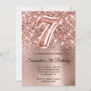 Funkelnde Glitter-Roségold-Glamour-7.-Geburtstag Einladung