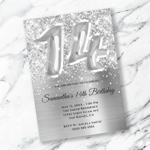 Funkelnde Glitzernde Silber Glam 14. Geburtstag Einladung