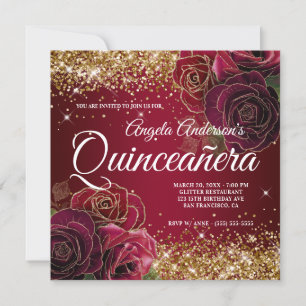 Funkelnde Gold Glitter Dunkelrote Rose Quinceañera Einladung