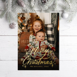 Funkelnde handgeschriebene Merry Christmas Foto Folien Feiertagspostkarte