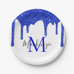 Funkelnde königsblaue Glittertropfen-Monogramm Pappteller
