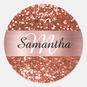 Funkelnde Kupfer Glitter Rose Gold Schimmer Monogr Runder Aufkleber